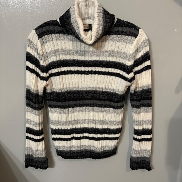 Faded Glory Stripe Turtleneck Sweater Black Gray White Sparkle (Missy Small 4/6) - Picture 1 of 4